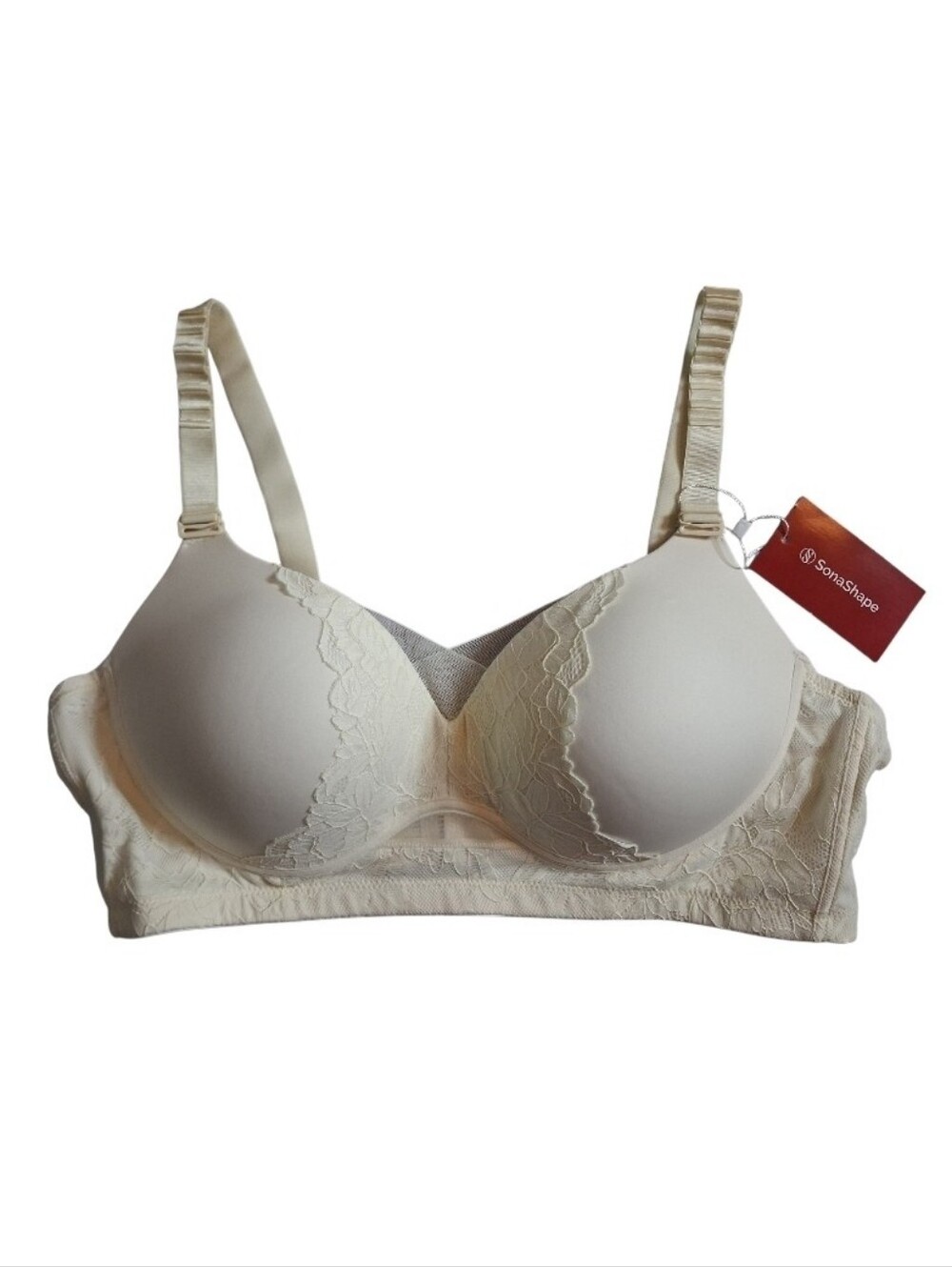 SonaShape Cream Floral Lace Wire Free Bra Molded Cup Adjustable Straps 2XL NWT